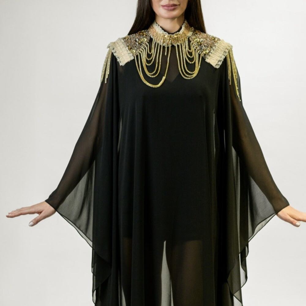 Womens Black Chiffon Sheer Kaftan Thobe Dress Beaded High Neck Kimono Sleeves